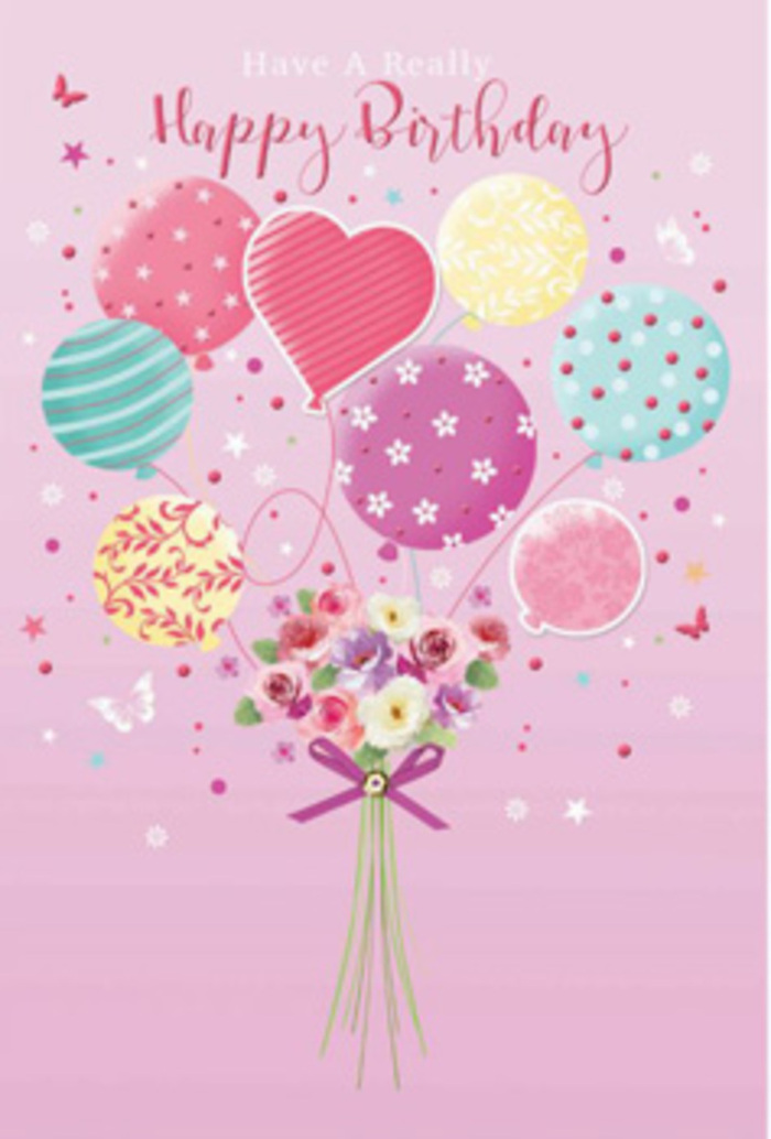 Illustrated floral birthday design showing a dreamy cluster of balloons carrying a sweet garden-style bouquet, evoking the feeling of a surprise delivery arriving at a home off Fortis Green in East Finchley. The scene unfolds on a pale pink backdrop, soft and gentle like early morning light spilling over local café terraces. At the bottom, a hand-tied bundle of flowers forms the anchor: petite roses and daisy-like blossoms with velvety petals that fade gracefully from cream to blush and deeper rose, suggesting a fragrant, comforting sweetness. Their stems are wrapped with a neatly tied violet-purple satin bow, the ribbon catching highlights that make it look almost touchable. Rising from this bouquet, a cluster of pastel balloons floats upward, as though the flowers themselves are so light with happiness they might drift over Cherry Tree Wood. The balloons are shaded in rosy pinks, sea greens, lemon yellows, and lavender tones, each decorated with cheerful patterns-spiralling stripes, dancing polka dots, and soft floral motifs. One central heart-shaped balloon glows slightly brighter, radiating affection and birthday love. Around the arrangement, delicate butterflies and tiny stars appear to flit and glimmer, as if the whole scene is suspended in a birthday daydream. The composition feels carefully balanced and expertly considered, much like a bouquet prepared by Flowers East Finchley for a local celebration. Every colour and texture works together to express gentle jubilation, turning a simple birthday greeting into an image that feels personal, heartfelt, and full of the quiet charm of East Finchley life.