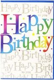 This birthday card feels like opening the door to a surprise gathering in East Finchley, all colour and warmth rushing toward you at once. Dominating the front is the phrase Happy Birthday, written in large, confident block letters that march across the card in a lively parade of colours. Each letter is bathed in its own distinct shade-deep crimson, raspberry pink, fiery orange, honeyed yellow, leafy green, and clear sky blue-so that the words read like a row of party lanterns strung along a garden fence near Cherry Tree Wood. The colours are bright without being harsh, with a softly luminous finish that suggests a smooth, almost silky surface when your fingers glide over it. Beneath and behind this bold greeting, the background is alive with a repeating pattern of delicate golden handwriting. The phrase Happy Birthday to you is written again and again in graceful script, creating a shimmering backdrop that feels like a chorus of gentle voices echoing the main sentiment. The gold appears slightly textured and glimmering, as though fine glitter has been brushed lightly over the card, catching the light in subtle flashes each time it moves-rather like sunlight flickering across windows along the East Finchley High Road. The interplay between the rainbow headline and the refined gold script gives the card both a playful and a heartfelt character. It is easy to imagine this card propped next to a freshly arranged birthday bouquet, perhaps delivered with care from a nearby florist, adding one more layer of joy and anticipation to a special day being celebrated at home or in a favourite local spot.