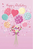 Whimsical birthday card illustration depicting pastel balloons and a hand-tied floral bouquet, reminiscent of a joyful East Finchley celebration near Cherry Tree Wood. The background is a soft, rosy pink that sets a tender, uplifting tone. At the base, a small garden-style bouquet of delicate roses and anemone-like blooms gathers in a loose, natural cluster. Their petals range from creamy ivory to blush pink and gentle mauve, with hints of darker rose at the centres, giving a sense of depth, softness, and imagined fresh-bloom fragrance. The stems are bound with a smooth violet satin bow, its loops and trailing ends slightly shimmering, as if catching daylight from a local High Road shop window. Rising above, a playful bouquet of balloons floats skyward in pastel tones of sea green, lavender, lemon yellow, and warm pink. Each balloon has its own personality: some display candy-like stripes, others are sprinkled with cheerful polka dots, while a central heart-shaped balloon glows more warmly, symbolising affection and birthday wishes. Tiny stars and butterfly shapes drift around the balloons and flowers, adding a fairy-tale touch, like spotting butterflies in East Finchley's gardens in late spring. The composition feels light and airy, yet thoughtfully crafted, as you might expect from an experienced neighbourhood florist preparing a special birthday delivery across N2. Together, the flowers, balloons, and subtle decorative details create a mood of bright, unforgettable celebration, turning the simple idea of a birthday card into an image that feels personal, tender, and full of joy.